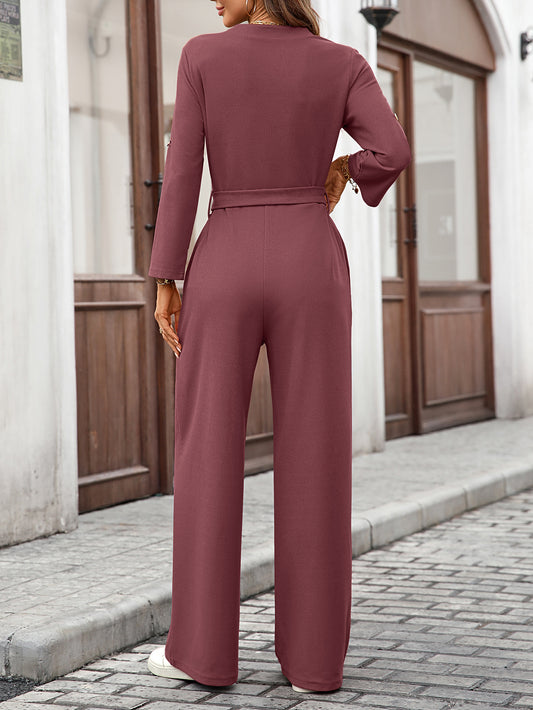 Spring Summer Solid Color High Waist Lace up Button Long Sleeve Loose Jumpsuit