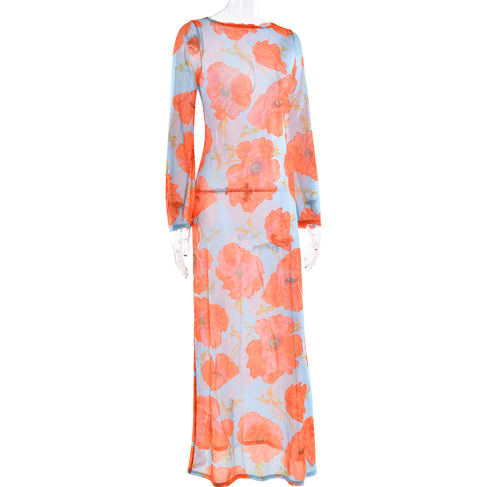 Sexy See through Mesh Floral Print Dress Lazy Casual Wild Dress