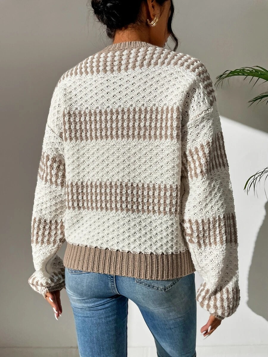 Women Clothing Autumn Winter Casual Loose Sweater Contrast Color Striped Stitching Sweater