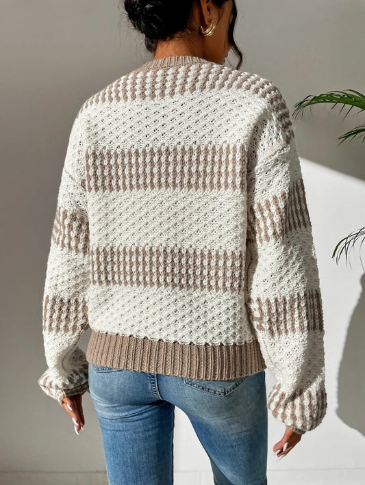 Women Clothing Autumn Winter Casual Loose Sweater Contrast Color Striped Stitching Sweater
