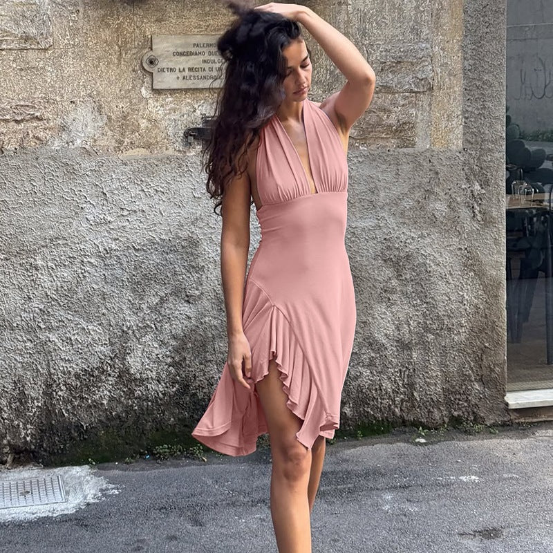 Women Clothing Summer Sexy Deep V Plunge Backless Waist Trimming Sheath Sleeveless Dress Women