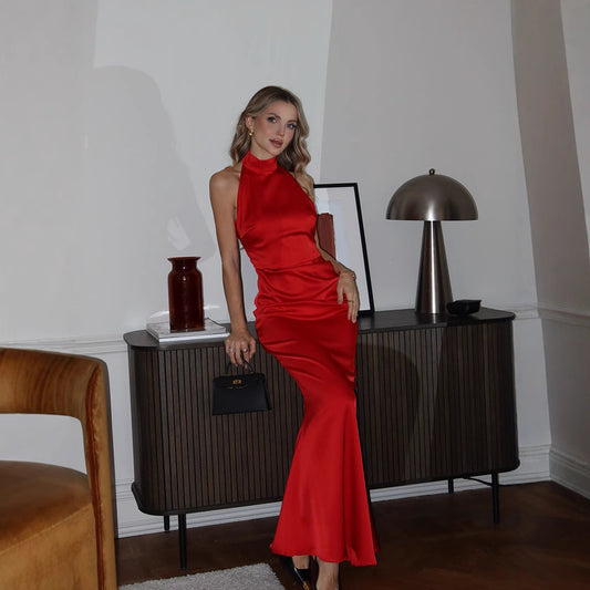 Elegance Sleeveless Halter Slim Fit Backless Satin Fashionable Simple Fishtail Hip Dress