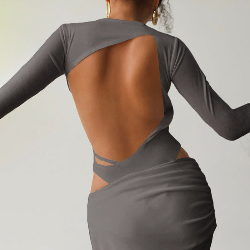 Winter Women Clothing Trendy Long Sleeve round Neck Backless Sexy Two Piece Sets