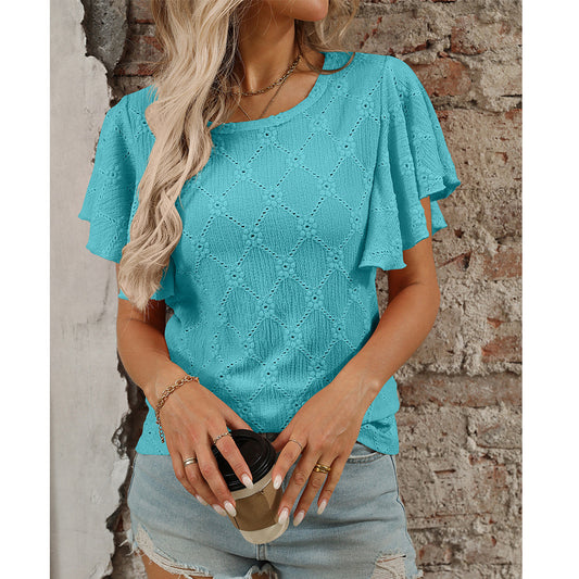 Women Clothing Summer T shirt Floral Cutout Ruffle Sleeve Casual Top