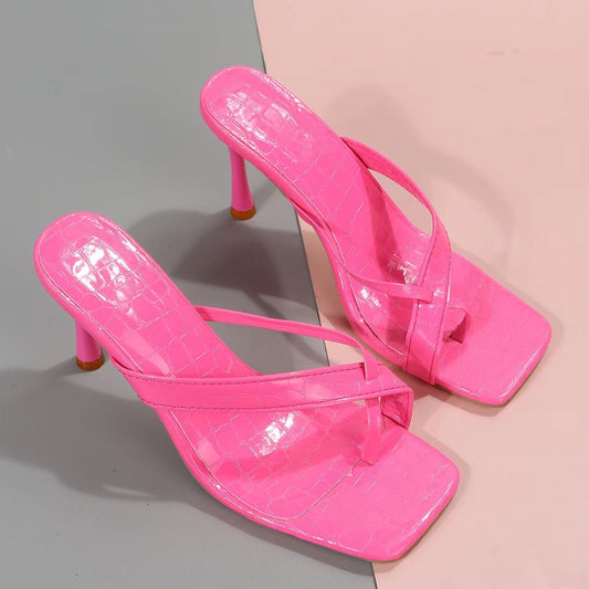 High Heel Flip Flops Women Sub Pattern Square Toe Stiletto Heel Sandals