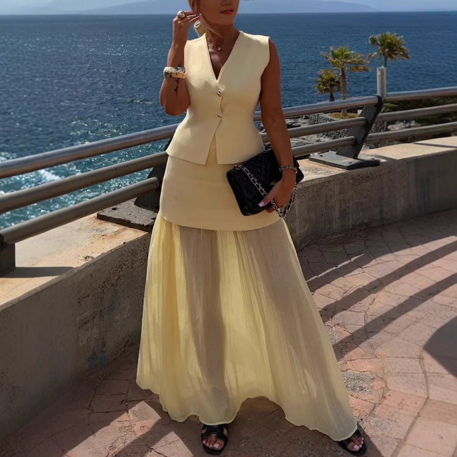 Spring Summer Knitted Stitching Vest Set Casual Vacation Loose Skirt Women