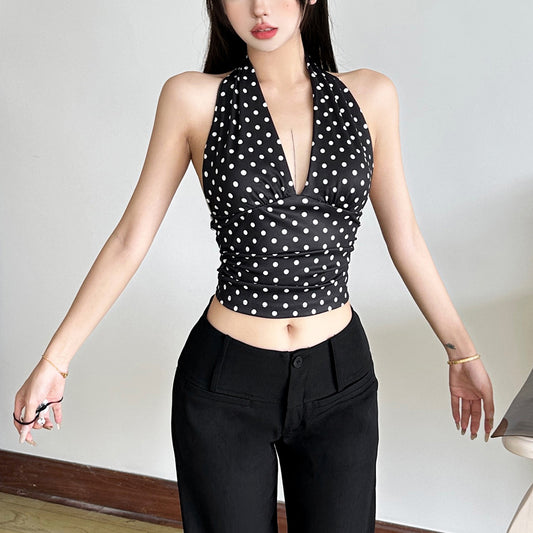 Summer Women Clothes Polka Dot Halterneck Vest Women Sports Slim All Matching Straight Pants