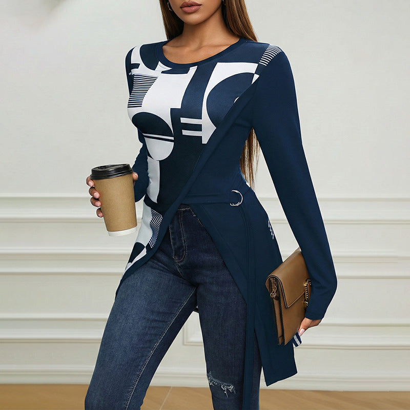 Geometric Abstract Pattern Long Slim T shirt Women Elegant Geometric Abstract Floral Print Slit T shirt
