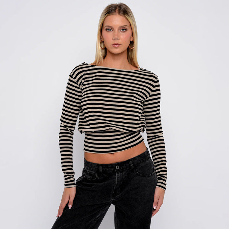 Women Clothing Autumn Winter Casual Striped Personality Minimalist Long Sleeve Waist Controlled Top