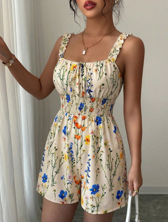 Arrival Floral Jumpsuit Women Summer Waist Slimming Square Collar Shorts Vacation Women Clothing