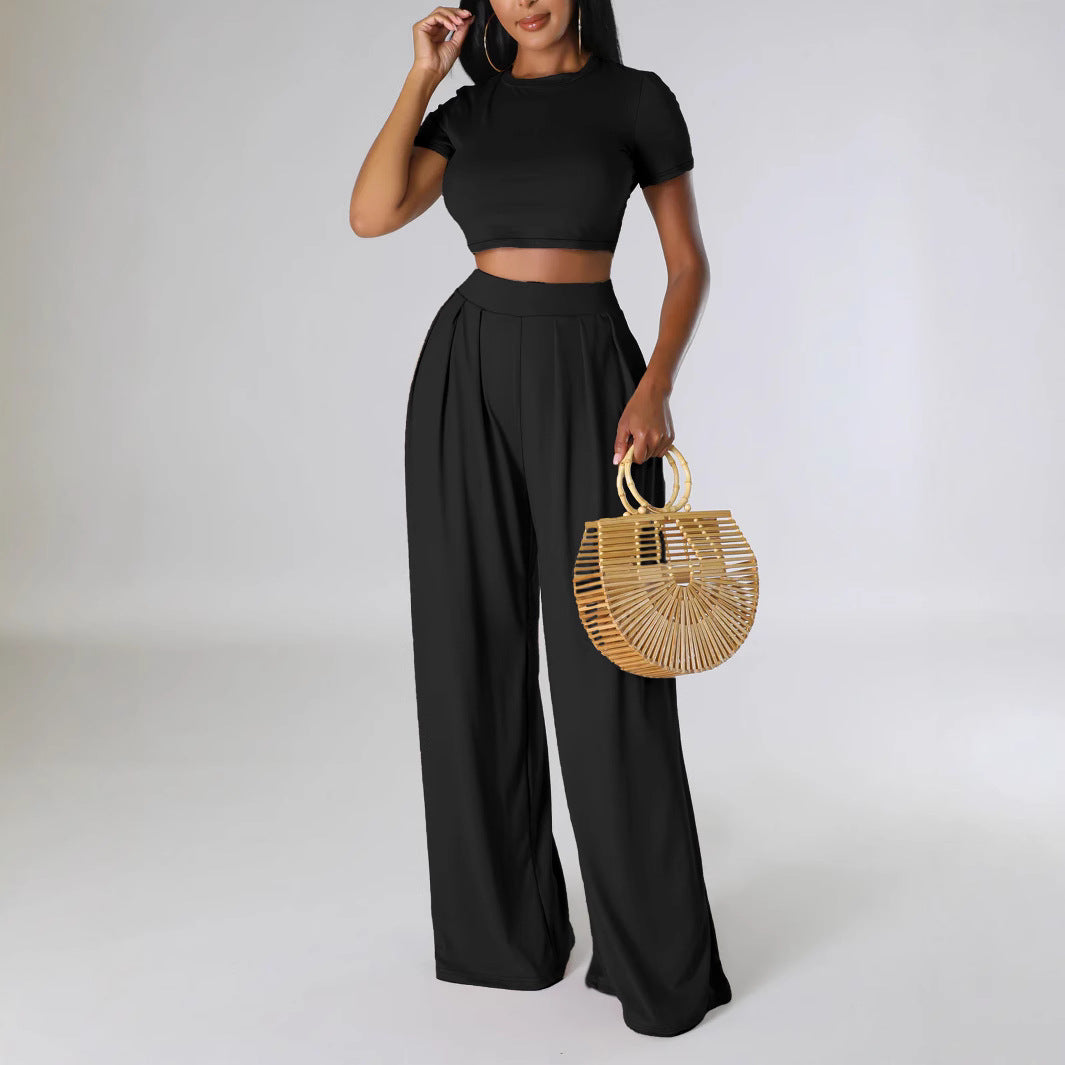 Summer Casual Cropped Top Solid Color Wide Leg Pants Two Piece Set