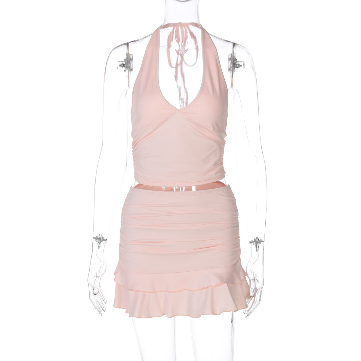 Sexy V neck Hollow Out Cutout out Halter Vest Tight Ultra Short Solid Color Stringy Selvedge Skirt Outfit Two Piece Set