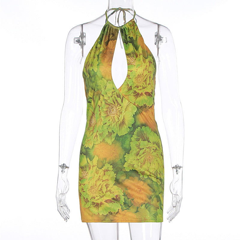 Women Clothing Spring Summer Sexy Hollow Out Cutout Backless Lace Printing Hip Dress