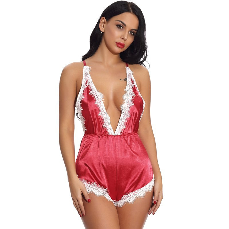 Sexy Lace Temptation Deep V Plunge One Piece Pajamas Split Beauty Back Cutout out Sexy Underwear