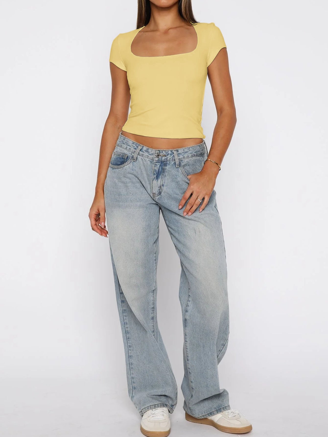 Women Clothing Summer Sexy All Match Solid Color Short Sleeved Top T shirt