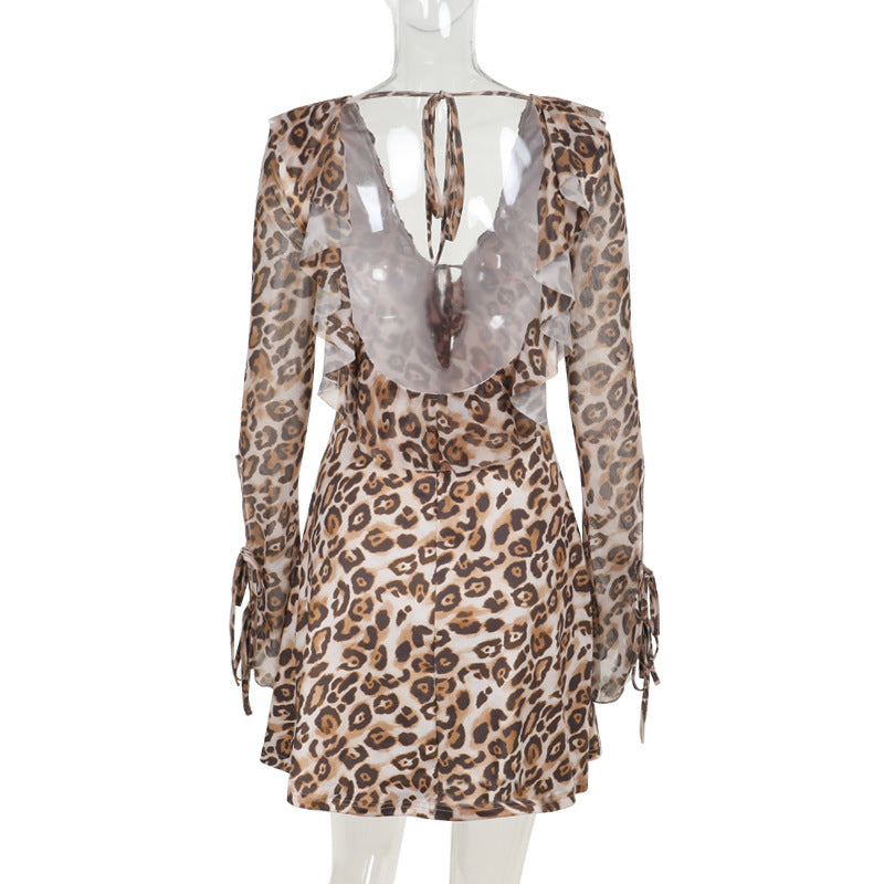 Leopard Print Ruffled Tied Long Sleeve Mini Dress Personality Sexy Sexy Slim Fit Dress