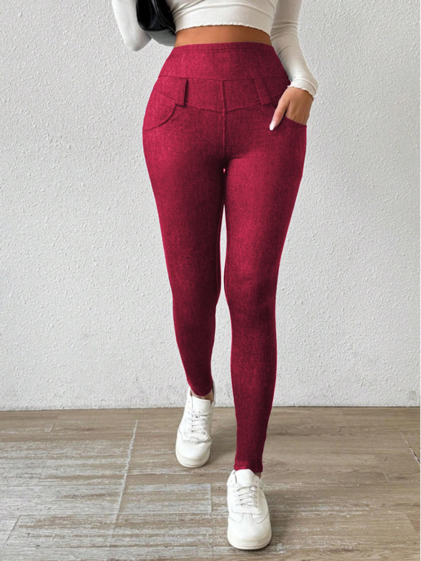 Artificial Denim Casual Pants Women High Waist Slimming Fleece Lined Padded Warm Keeping Hip Lifting with Pocket Commuting