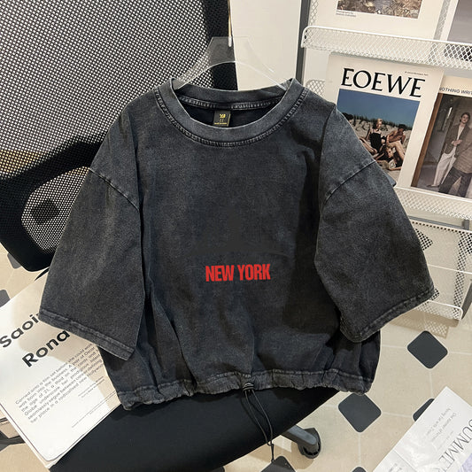 Trendy Age Reducing Pure Cotton Retro Washed Distressed All Matching Drawstring Short Washed Short Sleeve T shirt Women