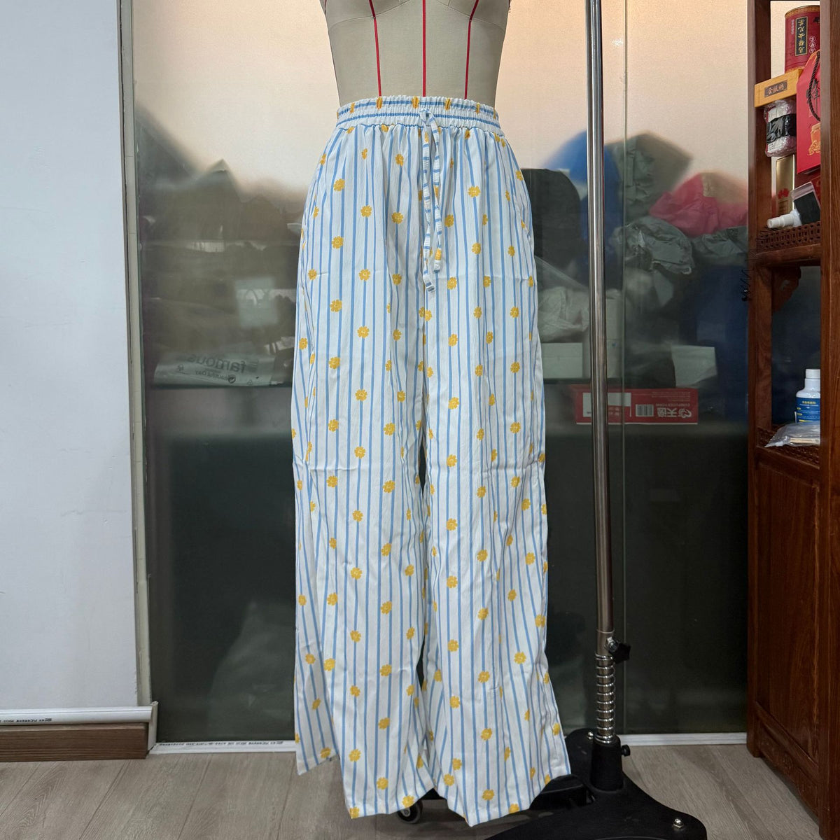 Thin Striped Printed Women Casual Pants Summer Drawstring Straight Loose Wide Leg Mop Pants