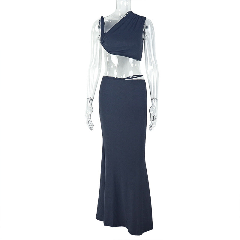 Sexy Women Wear Solid Color Elegant Casual Cropped Skirt Tube Top Diagonal Collar Top Sheath Dress Two Piece Sets