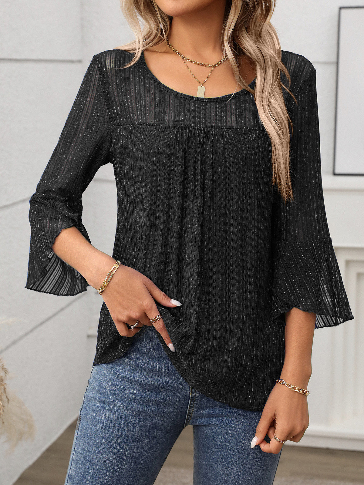 Women Clothing Elegant round Neck Ruffle Sleeve Shiny Mesh Top