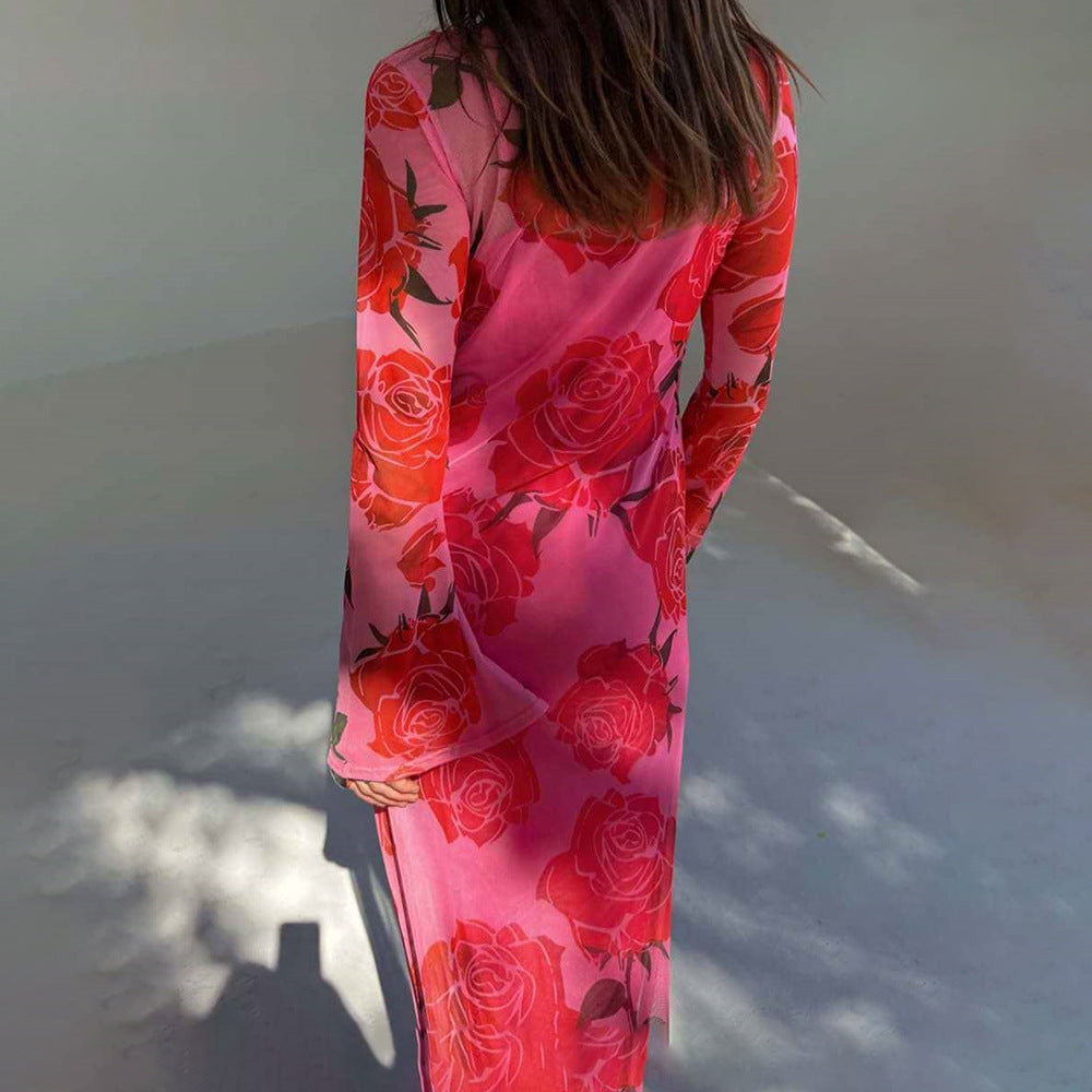 Sexy See through Mesh Floral Print Dress Lazy Casual Wild Dress