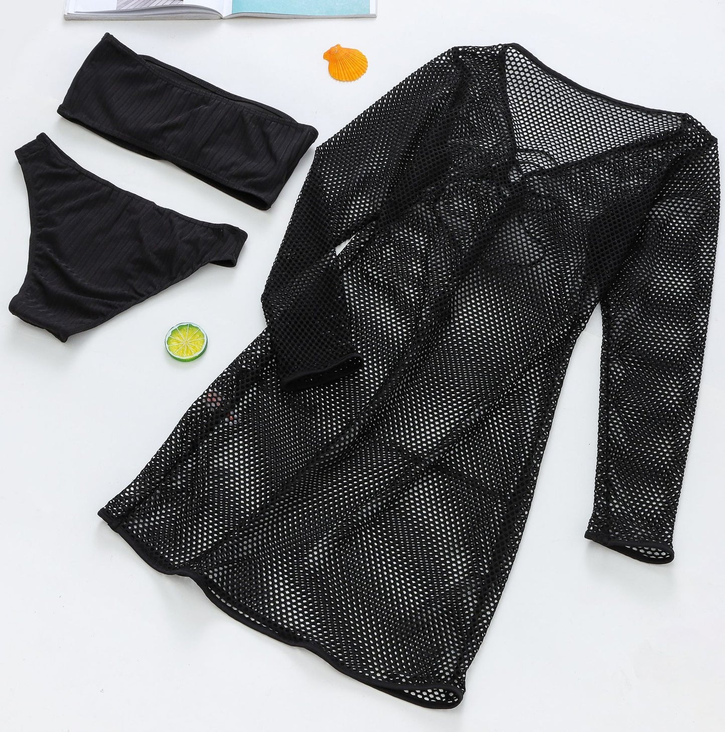 Mesh Blouse Tube Top Bikini Set Swimsuit Three Piece Set