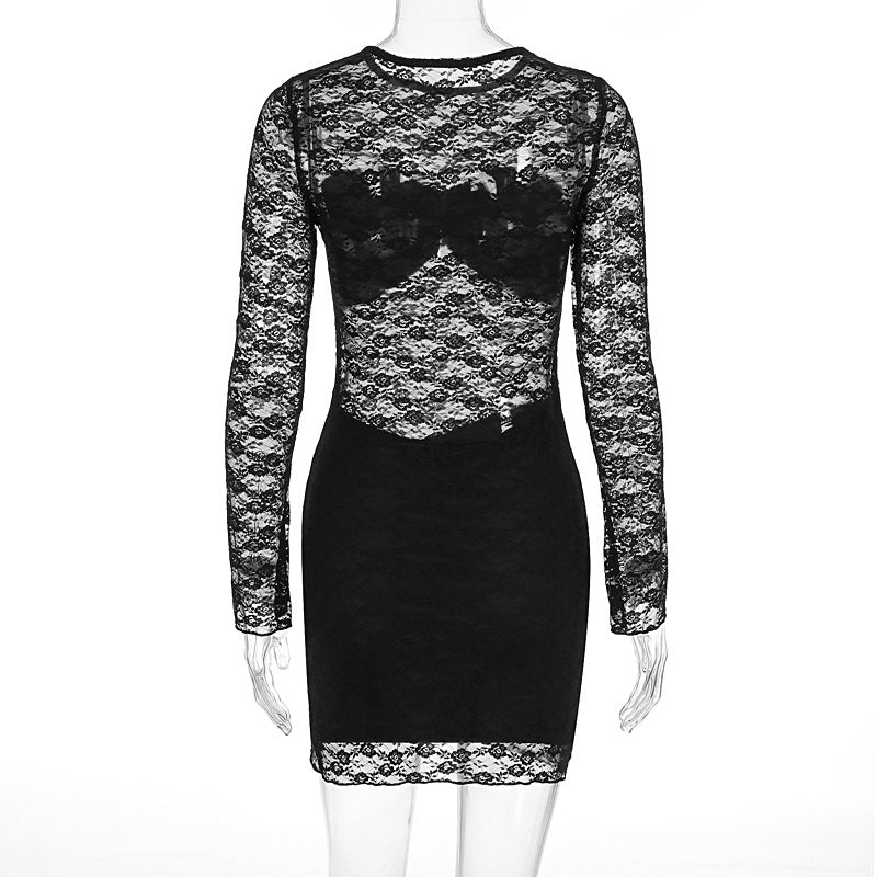 Women Clothing Summer Sexy See through Lace Sheath Long Sleeve Dress