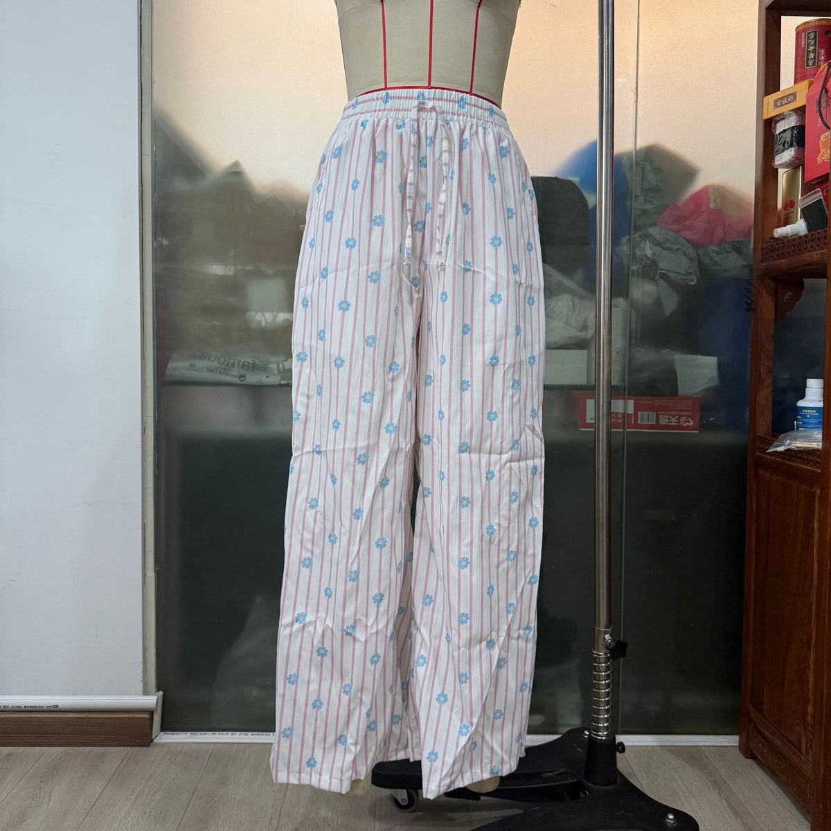 Thin Striped Printed Women Casual Pants Summer Drawstring Straight Loose Wide Leg Mop Pants
