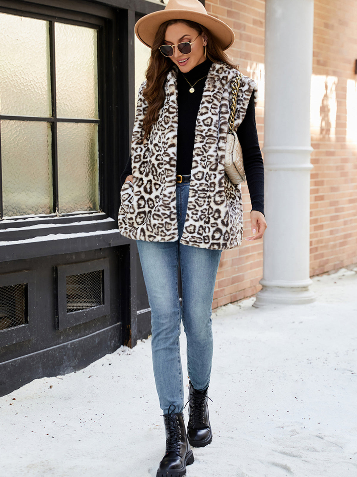 Fur Leopard Print Winter Mid Length Faux Fur Vest Warm Vest Women Vest