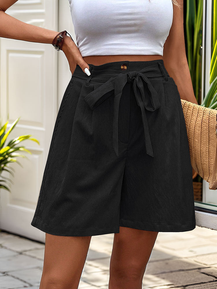 Women Clothes Casual Pants Women Tied Elastic Waist Solid Color Fifth Pants Office Wide Leg Shorts