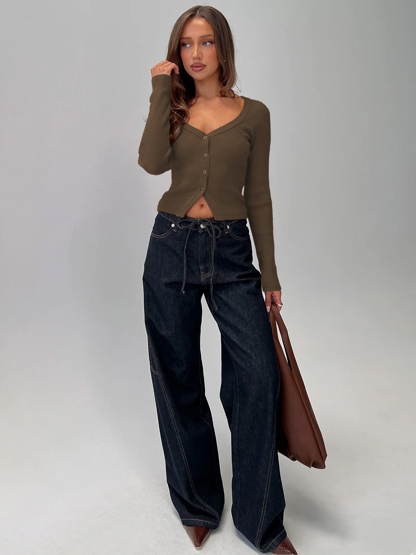 Women Fall Winter V neck Long Sleeve Ribbed Button Cardigan Slim Fit