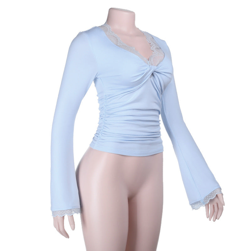 Autumn Winter Sexy Lace Current Chest Slim Fit Twisted T shirt Top