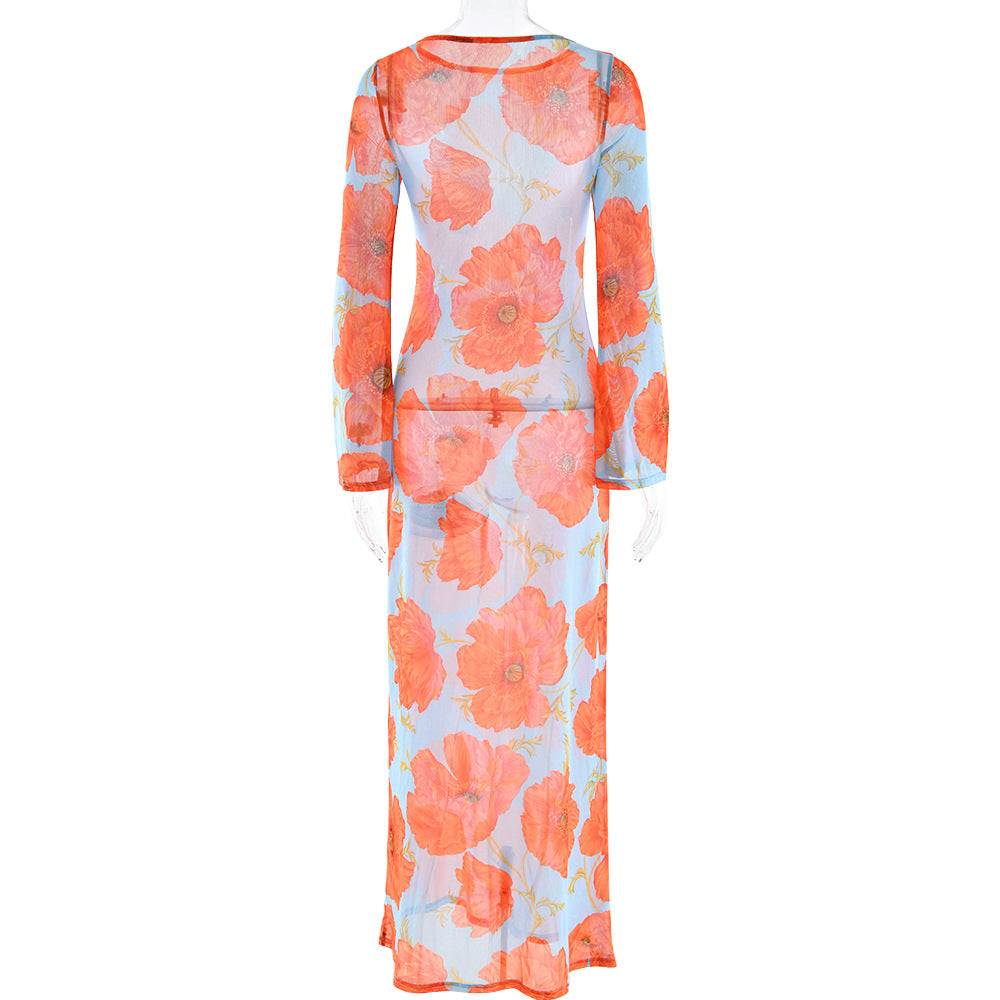 Sexy See through Mesh Floral Print Dress Lazy Casual Wild Dress