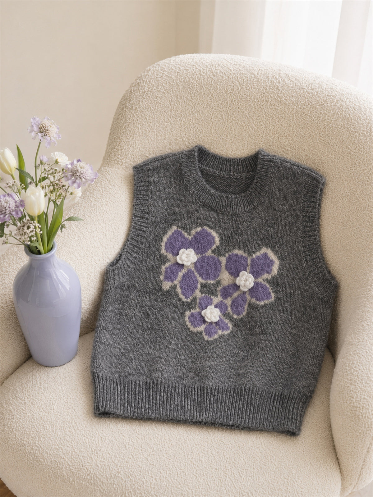 Three Dimensional Floral Jacquard Knitted Vest round Neck Sleeveless Bandage Dress Outerwear Vest Sweater