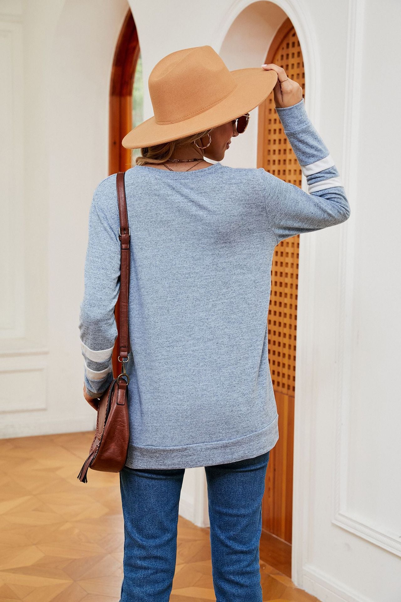 Autumn Winter Solid Color V neck Color Contrast Patchwork Loose Long Sleeved T shirt Top