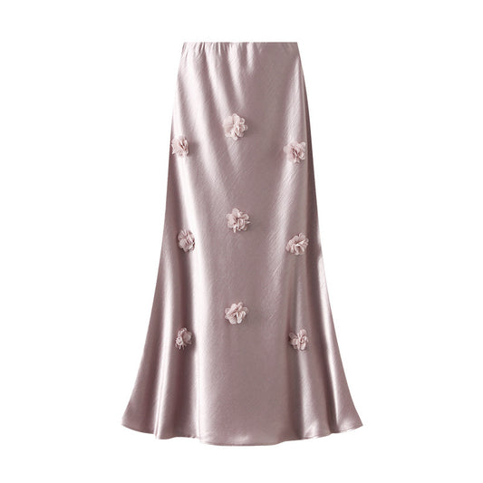 Chinese Three Dimensional Floral Long Skirt Summer Satin Slimming Dress Maxi Dress
