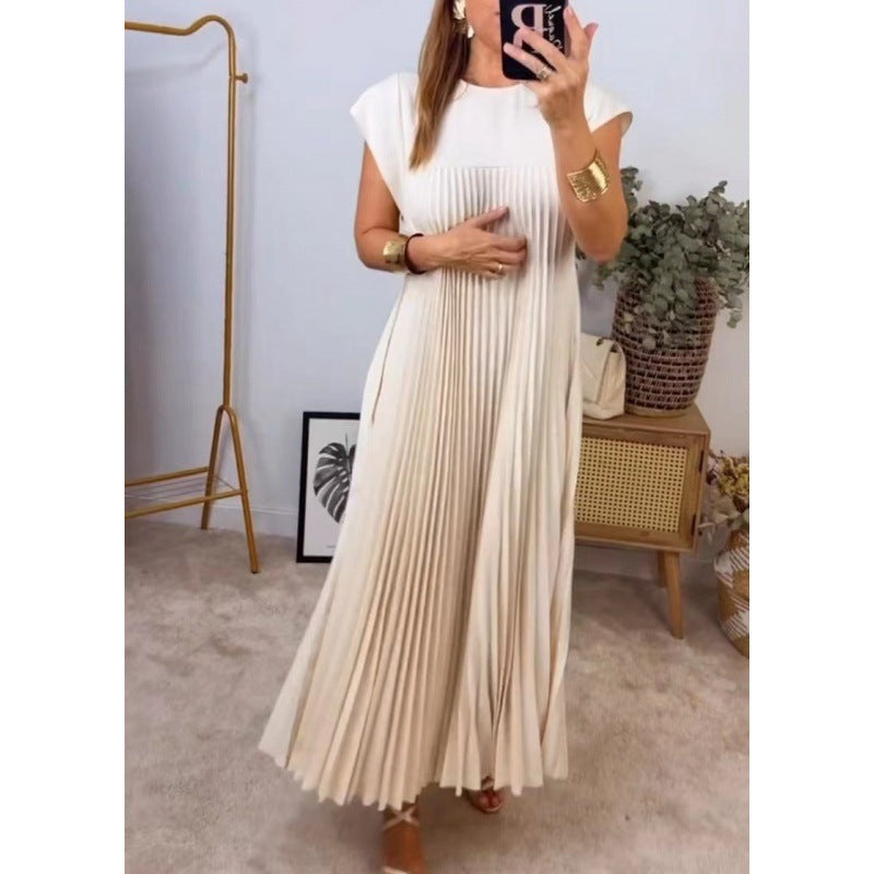 Women Clothing Maxi Dress Elegant round Neck Sleeveless Pleated Dress