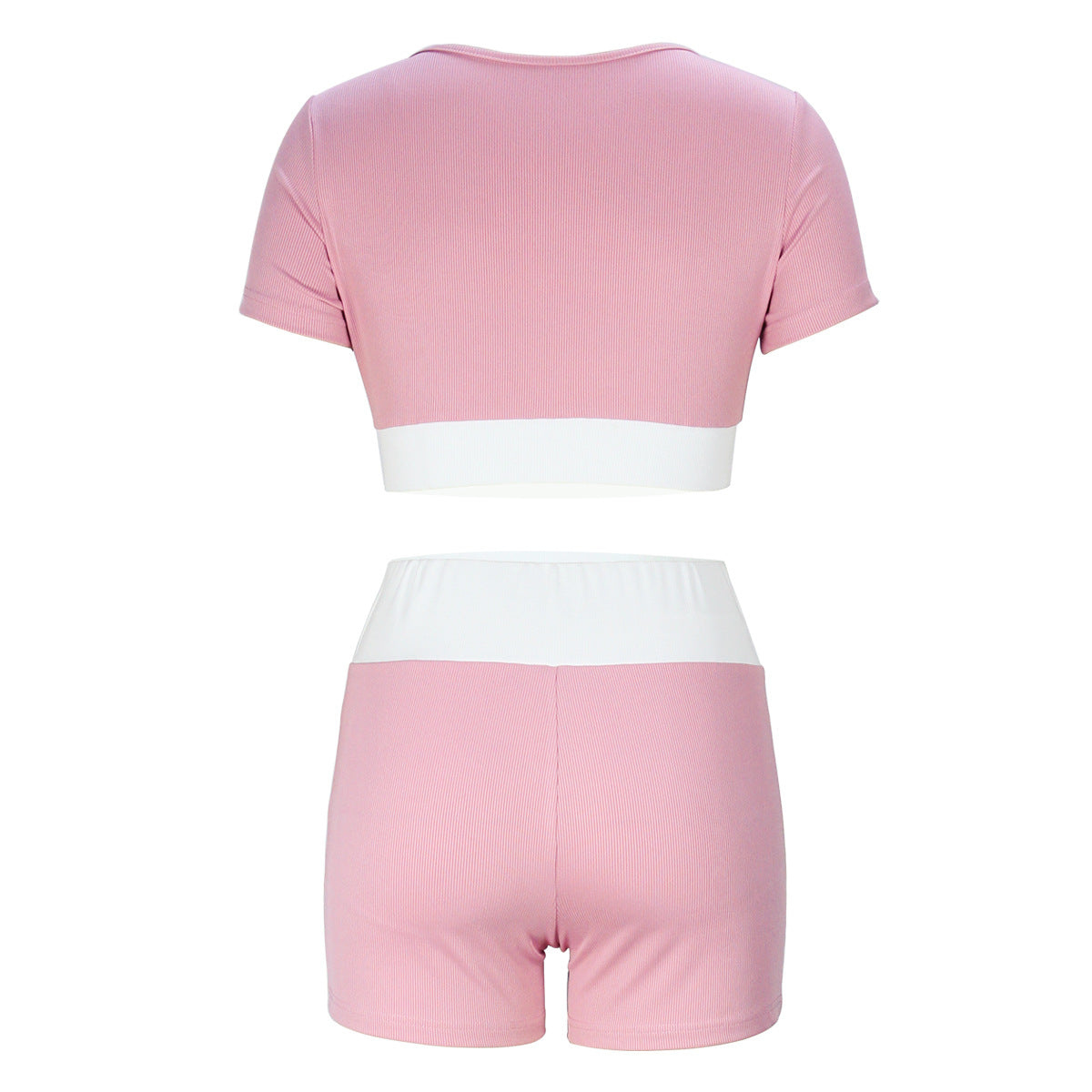 Summer Women Clothing Contrast Color U Neck Short Sleeved Shorts Two Piece Set Sexy Cropped Yoga Suit