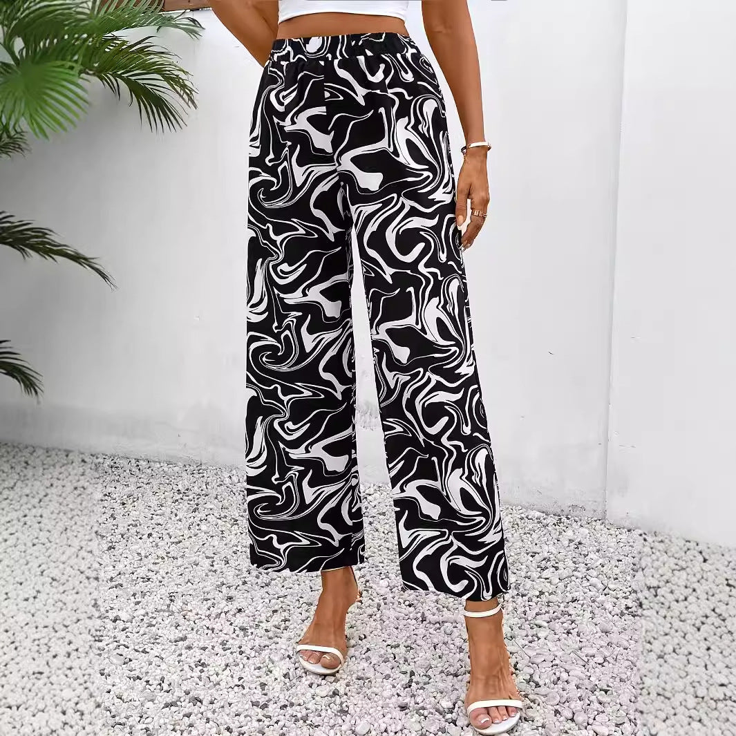 Spring Autumn Elastic High Waist Pants Draping Casual Marble Print Straight Leg Trousers Women