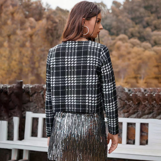 Self Developed Designed Spring Autumn Casual Lattice Knitwear Long Sleeve Short Coat