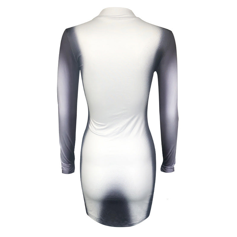 Women Clothing Spring Summer Street Half High Collar Long Sleeves Personalized Printing Dress