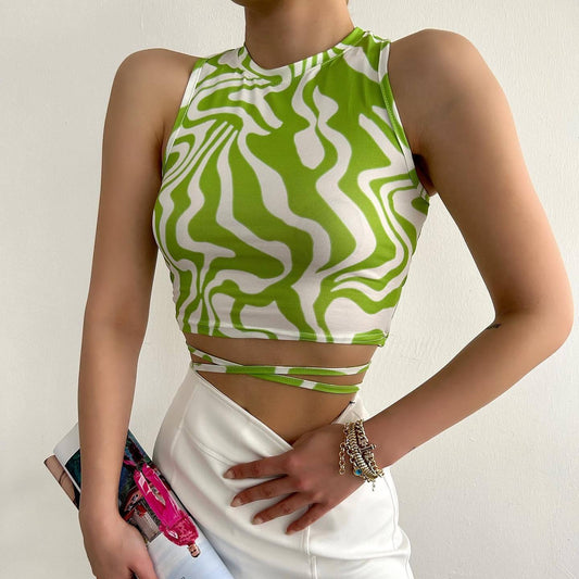 Irregular Asymmetric Pattern Print Vest Women Summer Strap Small Top Cropped Sexy Tight Vest