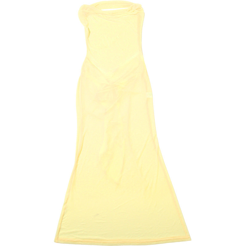 Spring Women Solid Color Sexy Sheer Mesh Design Backless Sheath Dress