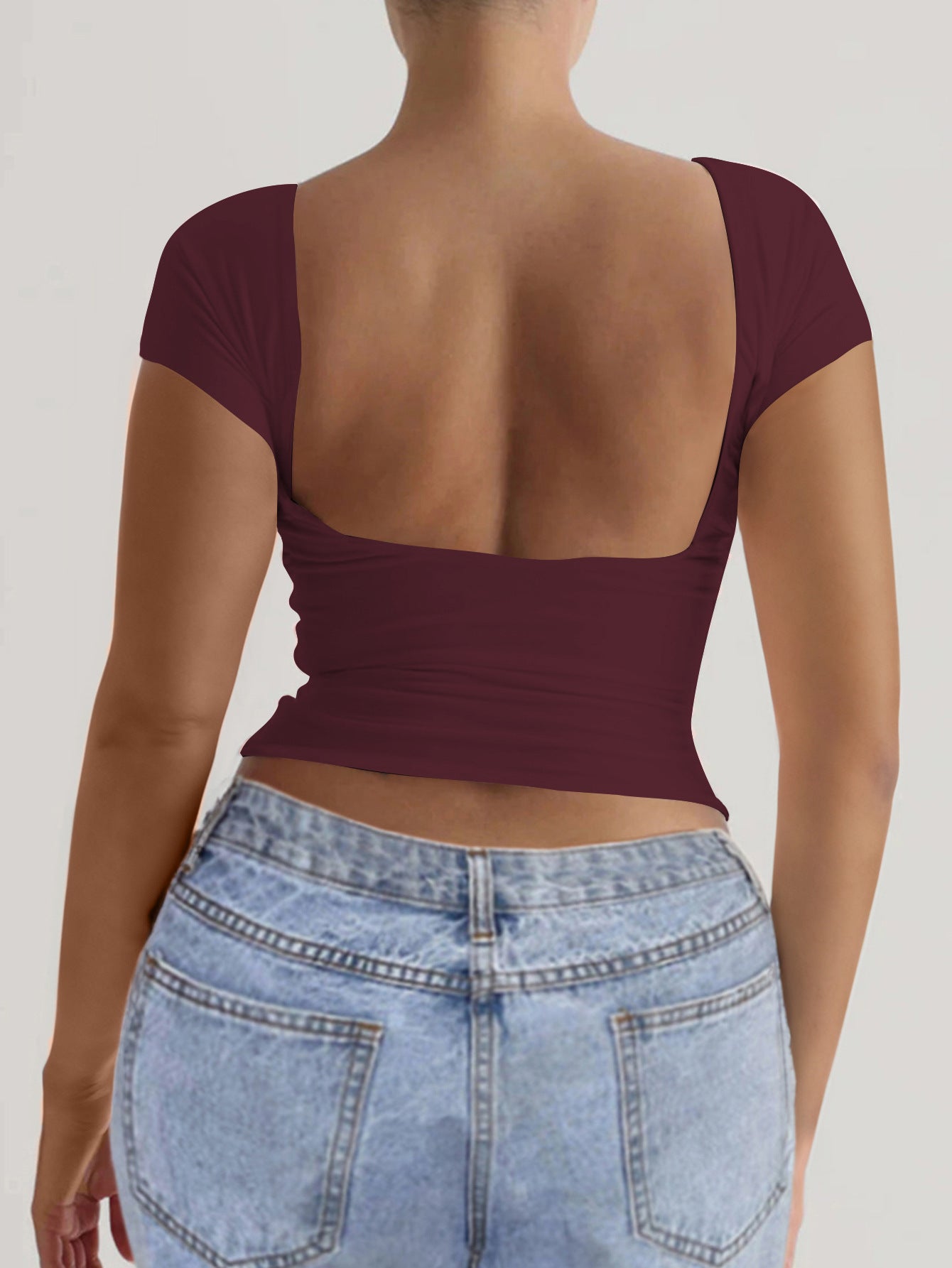 Spring Summer Solid Color round Neck Exposed Back Short Sleeve Sexy Slim Top T shirt Women Clothing