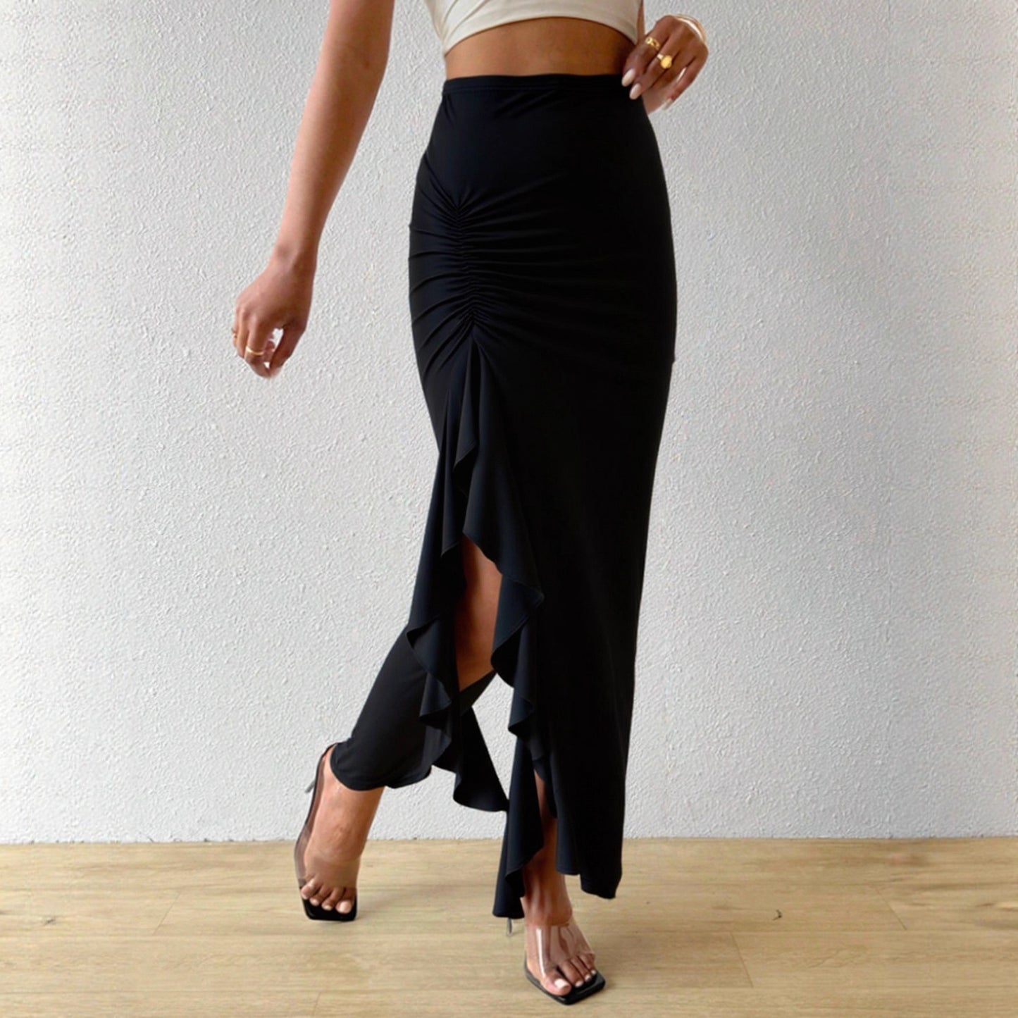 Irregular Asymmetric Ruffled Stitching High Waist Skirt Slit Sheath Skirt