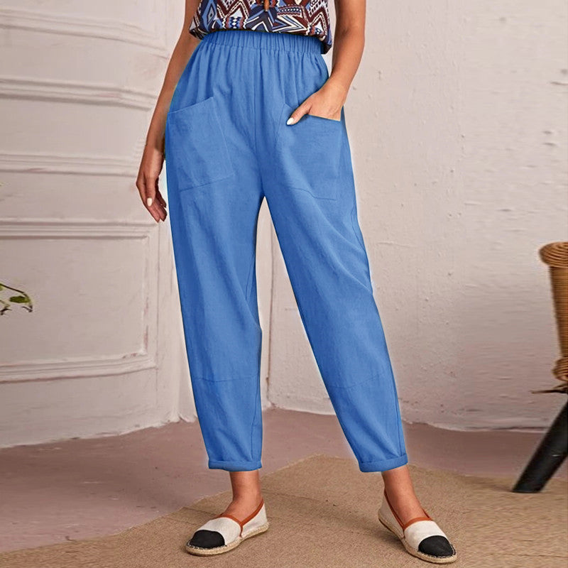 Four Seasons Cotton Linen Cropped Pants Elastic Waist Casual Pants Diagonal Pocket Skinny Pants Women