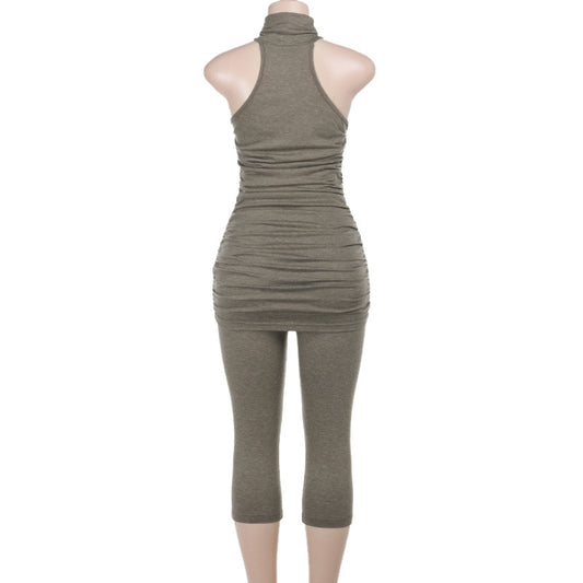 Women Sexy Turtleneck Sleeveless Vest Top High Waist Tight Cropped Pants Set