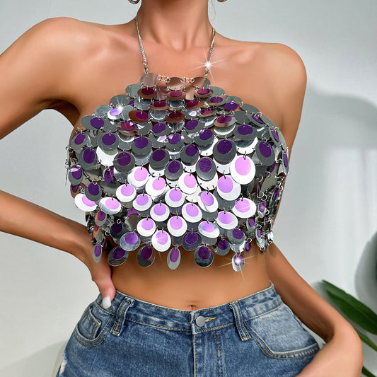 Summer Punk Sexy Color Matching Sequin Halter Spaghetti Straps Vest