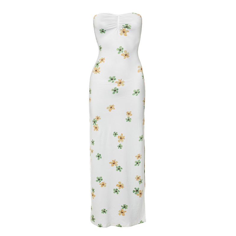 Plant Floral Print Tube Top Slit Maxi Dress Women Clothing Spring Summer